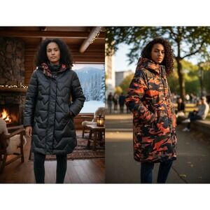Reversible Black Leather and Camouflage Puffer Coat